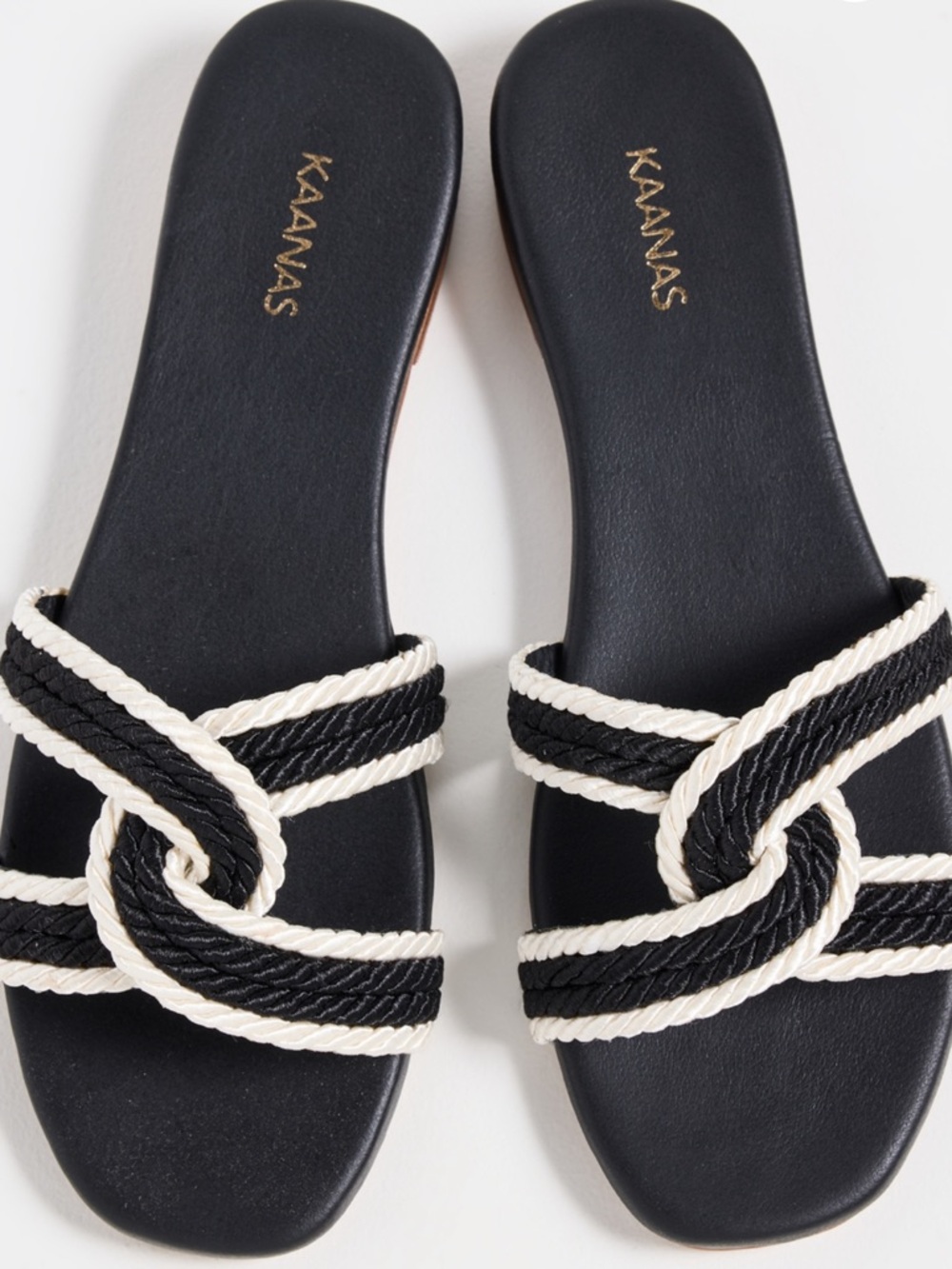 Kaanas Black and Cream Rope Knot Slide Sandals